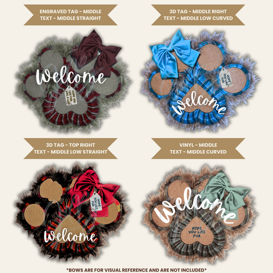 Four decorative wreaths with 'Welcome' text and various bow colors on a white background.
