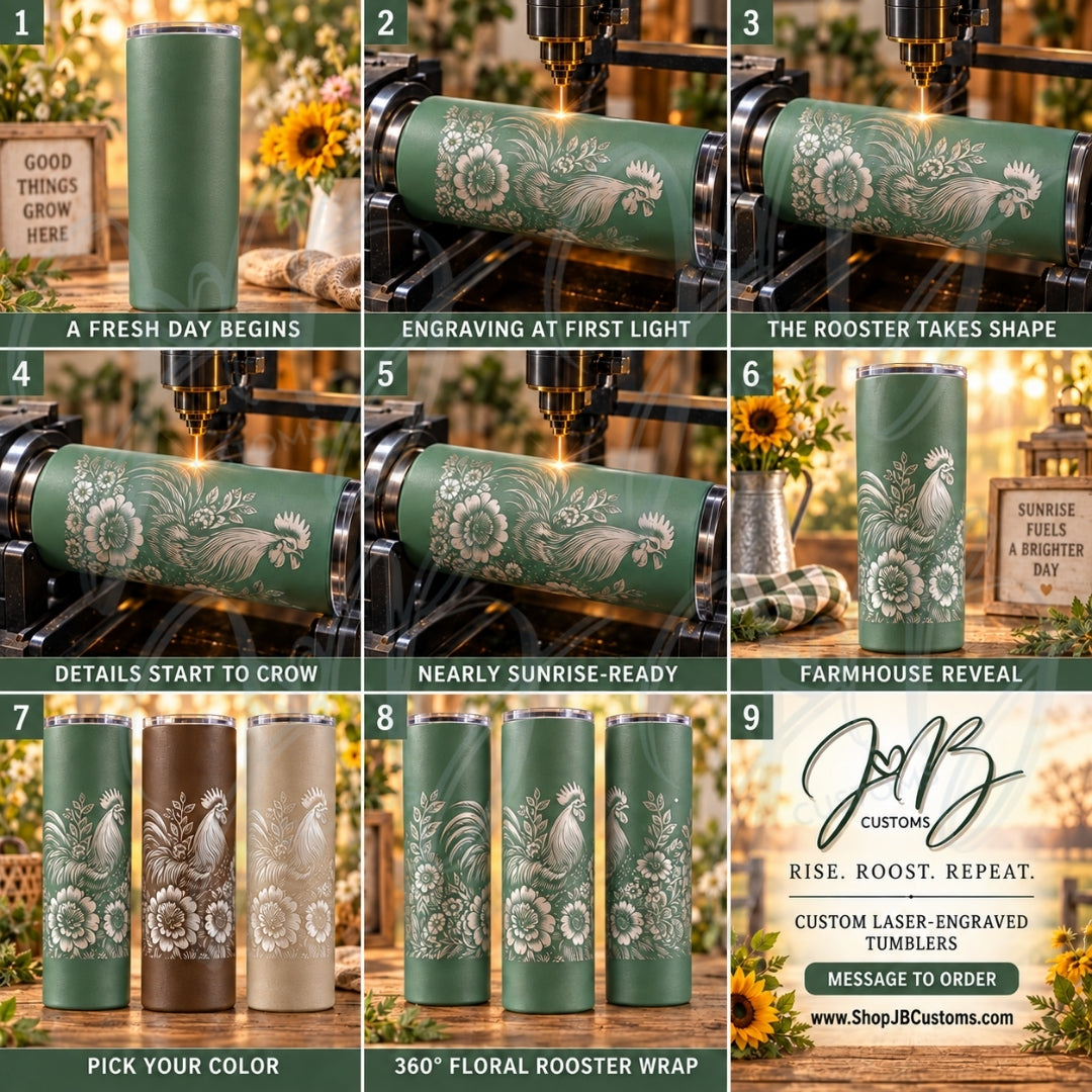 Floral Rooster Full-Wrap Laser-Engraved 20 oz Tumbler