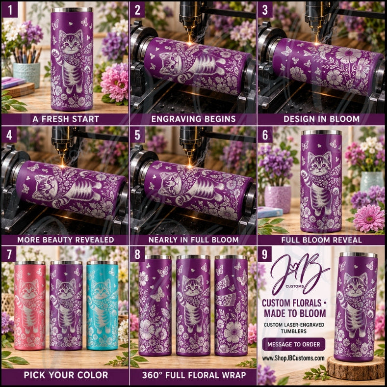 Playful Cat Lover Floral Full-Wrap Laser-Engraved 20 oz Tumbler