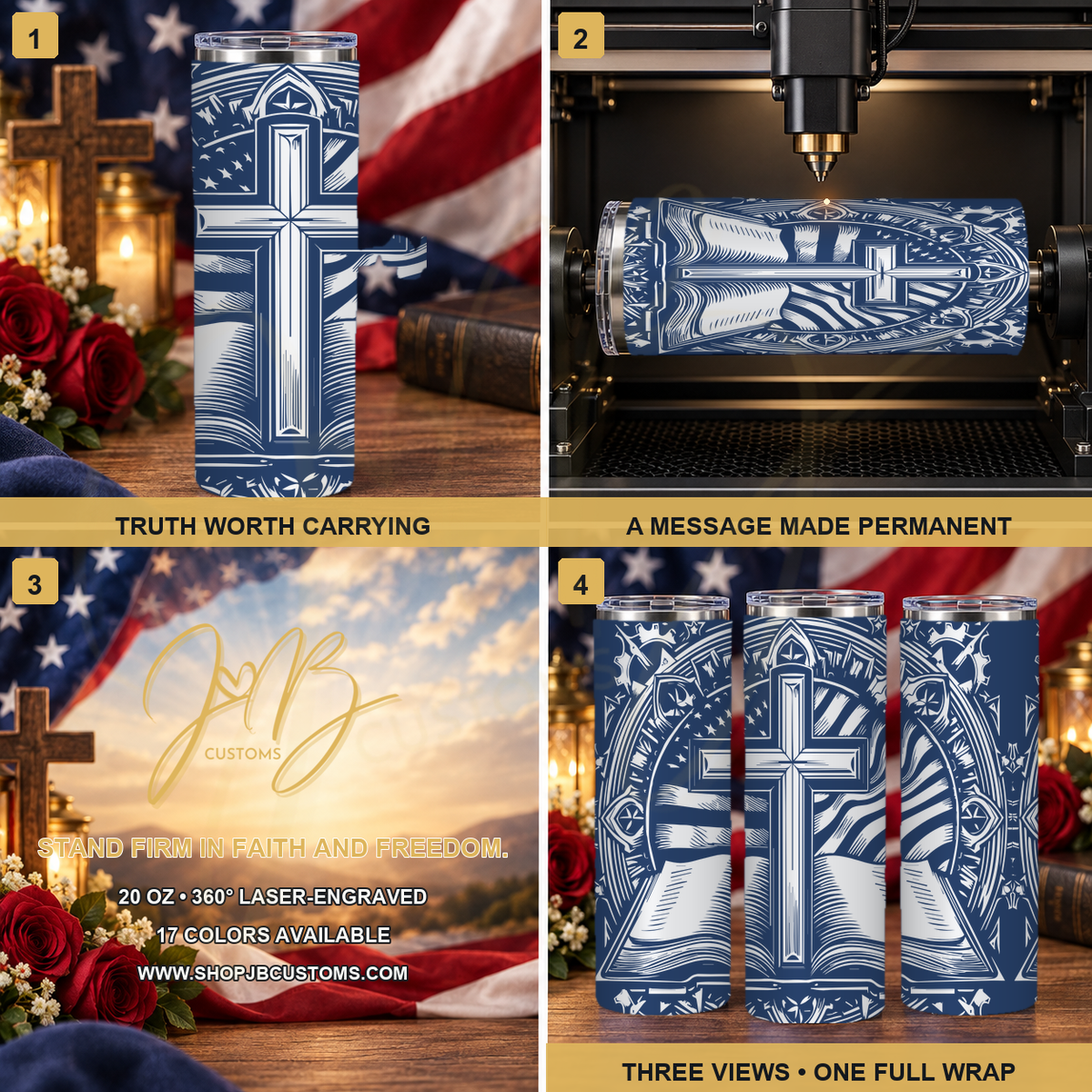 Cross, Bible & American Flag full-wrap laser-engraved 20 oz tumbler