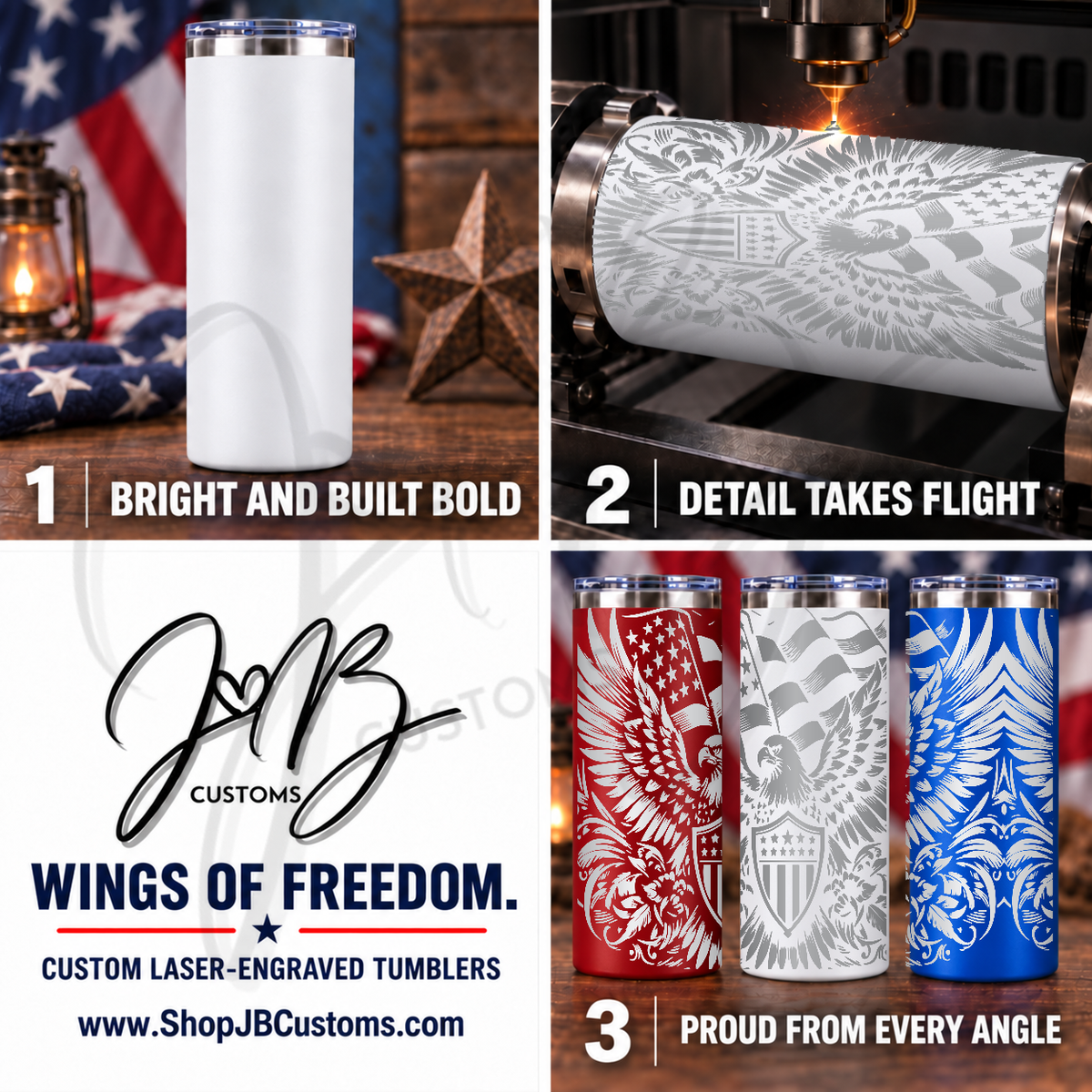 Eagle Shield US Flag full-wrap laser-engraved 20 oz tumbler