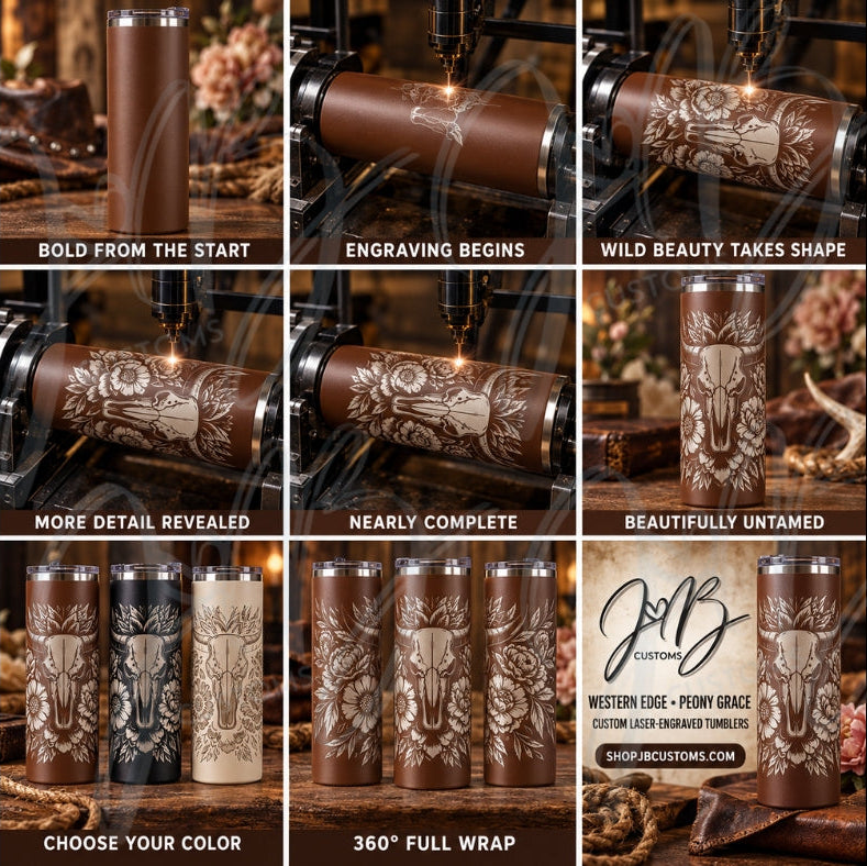 Peony Bull Skull Full-Wrap Laser-Engraved 20 oz Tumbler