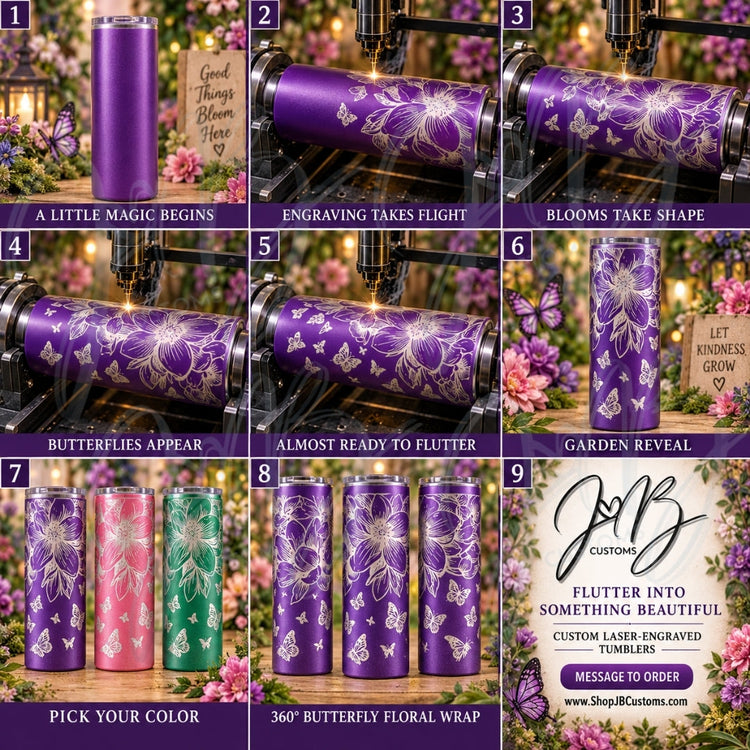 Butterfly flower garden engraved tumbler in JB Customs floral and nature collection