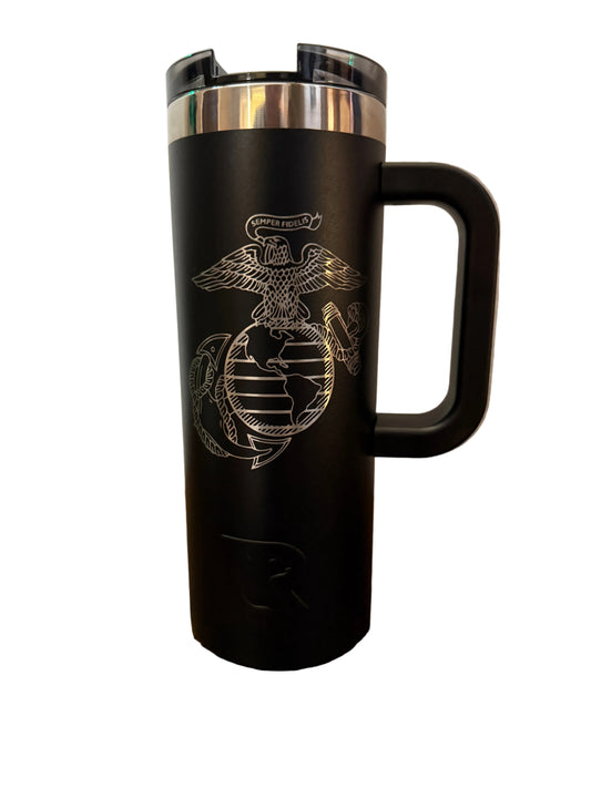 Black tumbler with a laser engraved logo.