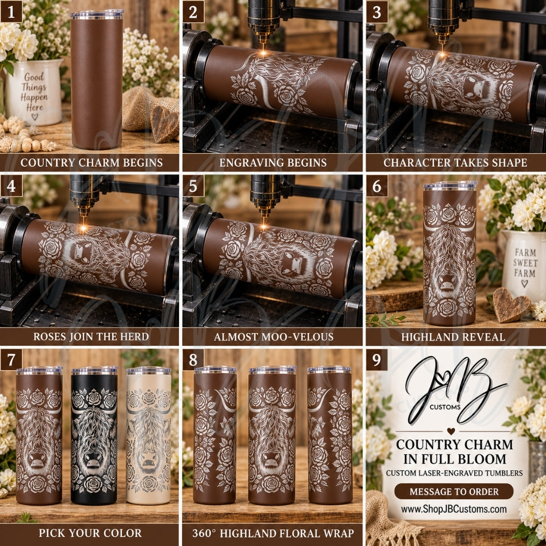 Floral Highland Cow Full-Wrap Laser-Engraved 20 oz Tumbler