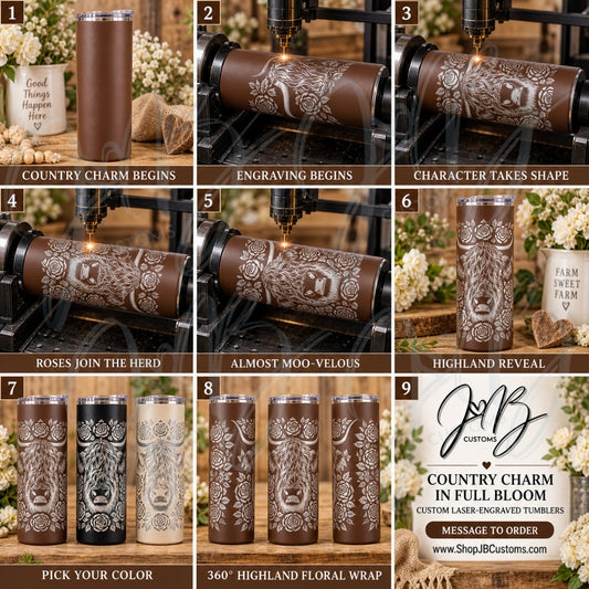 Floral Highland Cow Full-Wrap Laser-Engraved 20 oz Tumbler