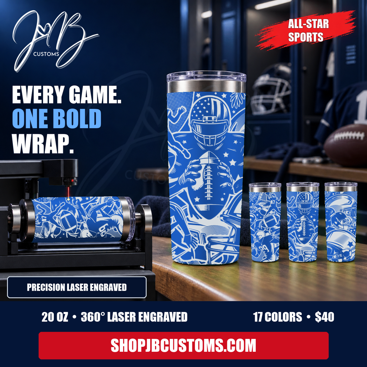 All-Star Sports Collage exact-design full-wrap laser-engraved 20 oz tumbler