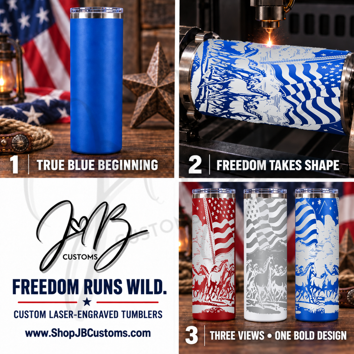 American Flag Wild Horse full-wrap laser-engraved 20 oz tumbler