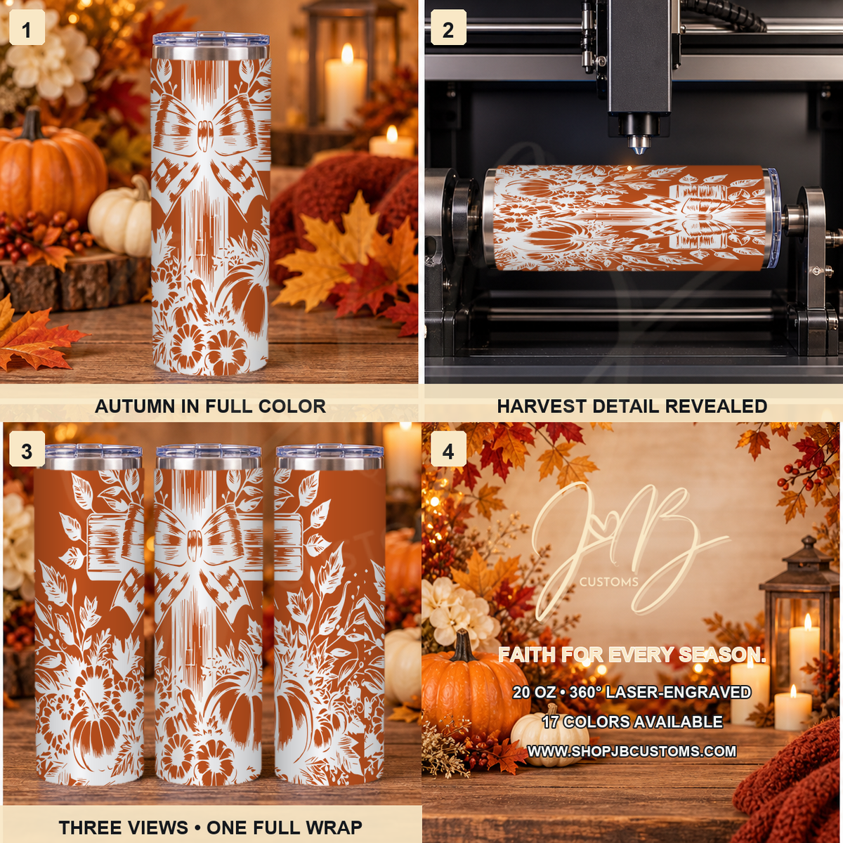 Autumn Cross & Pumpkins full-wrap laser-engraved 20 oz tumbler
