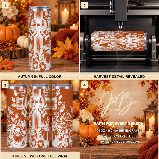 Autumn Cross & Pumpkins full-wrap laser-engraved 20 oz tumbler