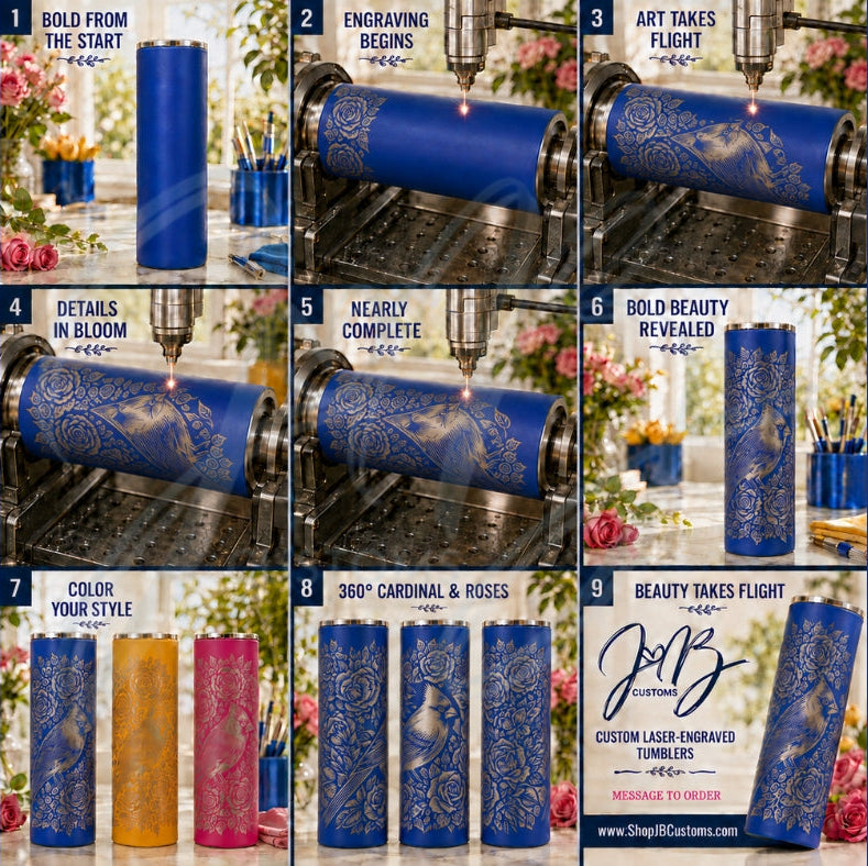 Cardinal and roses full-wrap laser-engraved 20 oz tumbler shown in blue, yellow, and pink