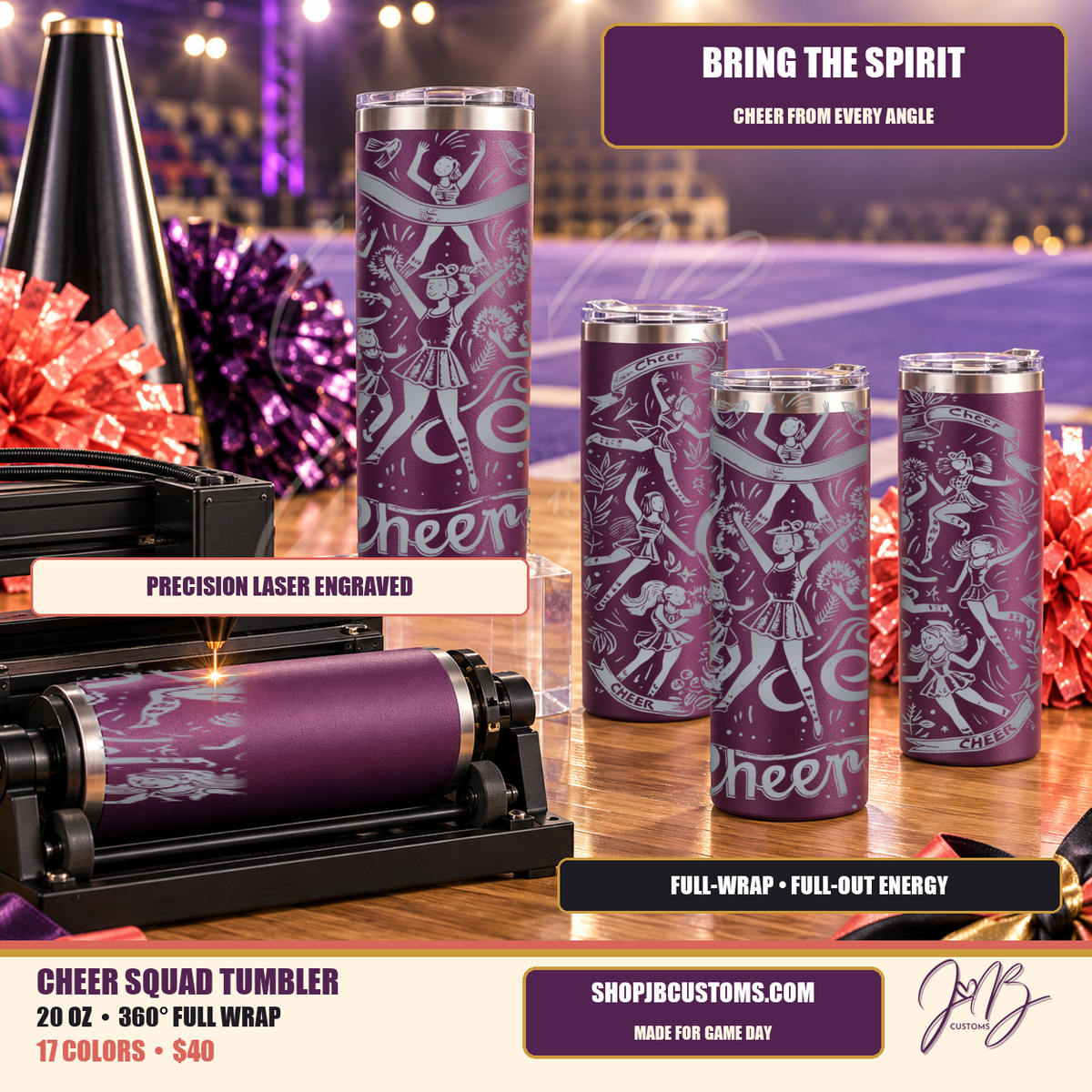 Cheer Collage full-wrap laser-engraved 20 oz tumbler storyboard