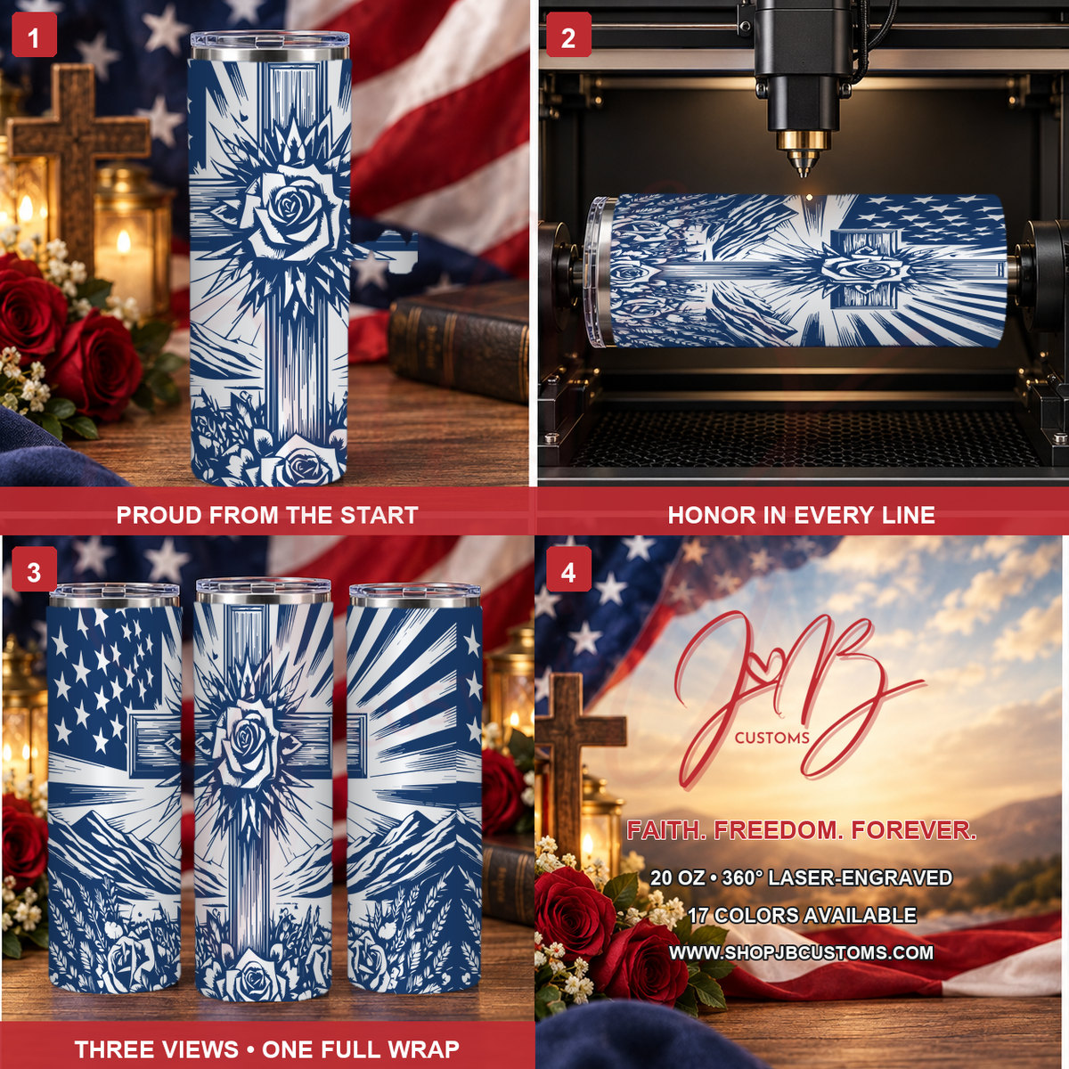 Cross, American Flag & Roses full-wrap laser-engraved 20 oz tumbler