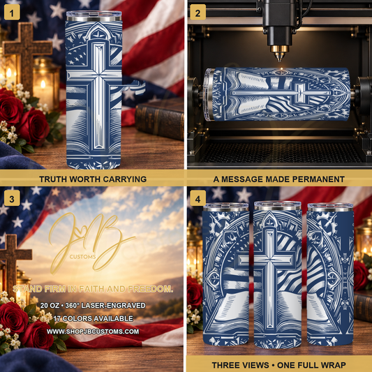 Cross, Bible & American Flag full-wrap laser-engraved 20 oz tumbler