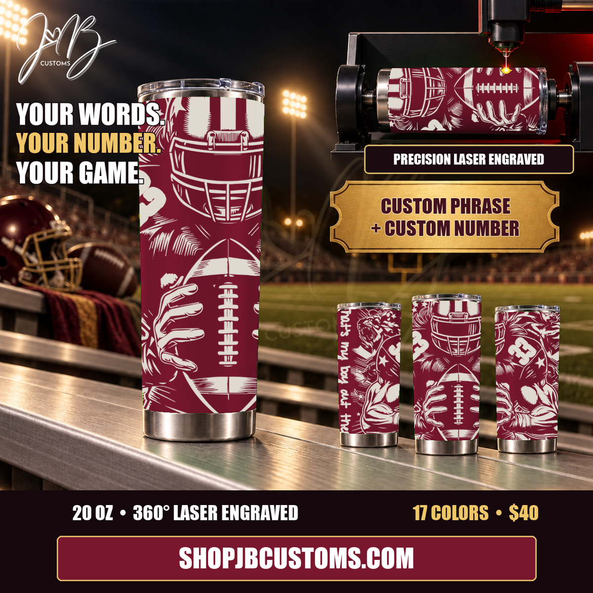 Personalized football custom phrase and number full-wrap laser-engraved 20 oz tumbler