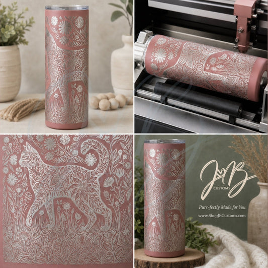 Dusty rose full-wrap floral cat laser-engraved 20 oz tumbler by JB Customs