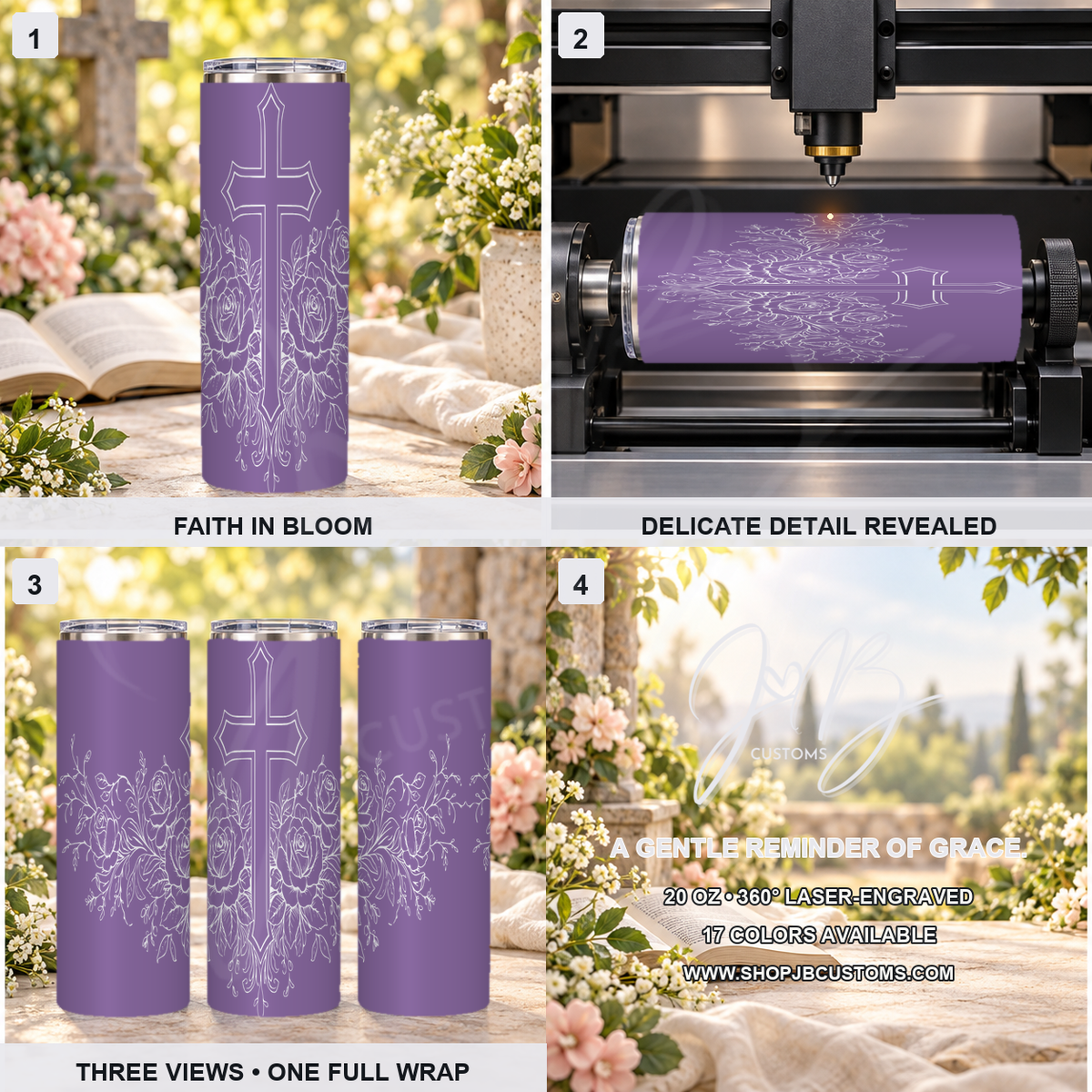 Floral Cross full-wrap laser-engraved 20 oz tumbler