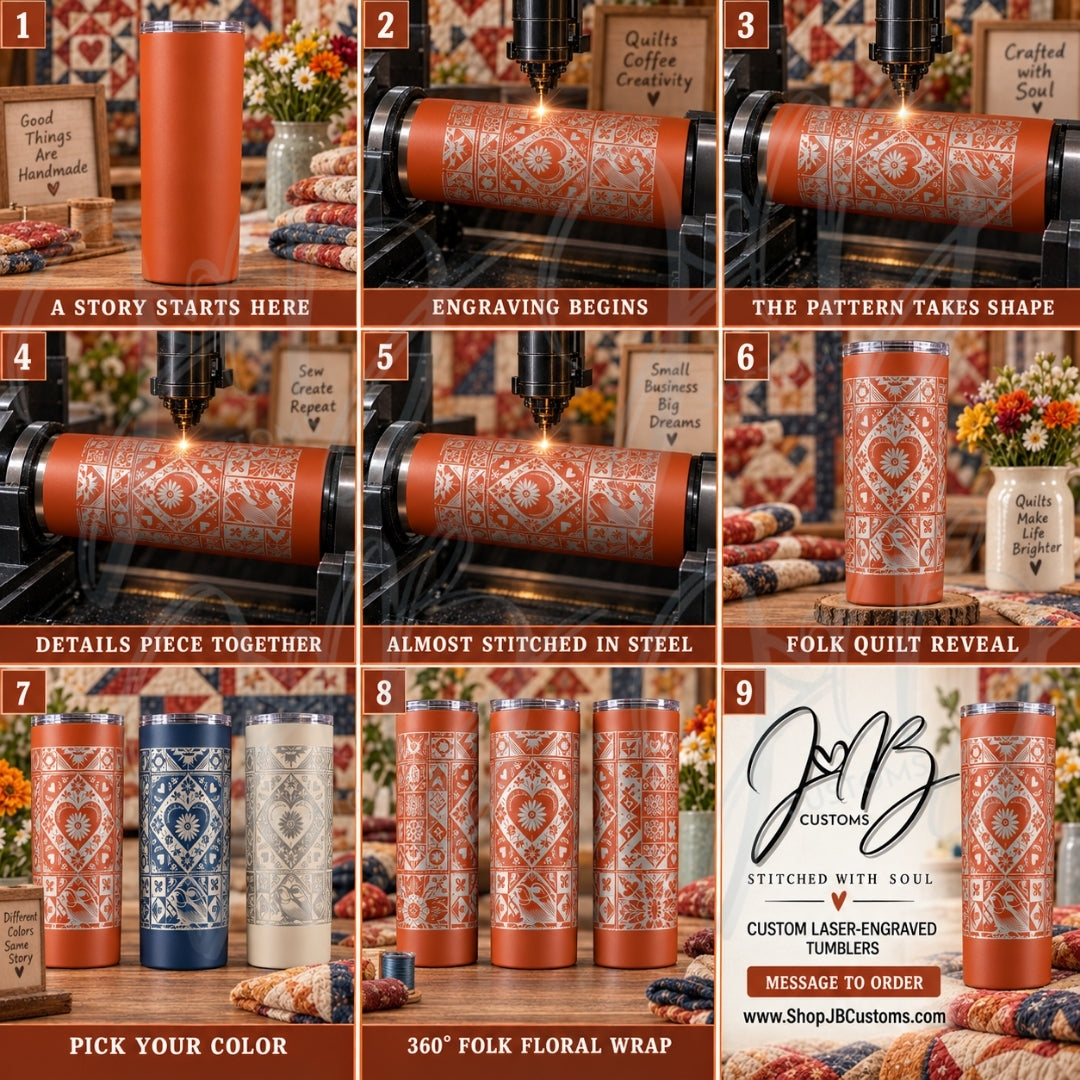 Folk Quilt Floral Full-Wrap Laser-Engraved 20 oz Tumbler