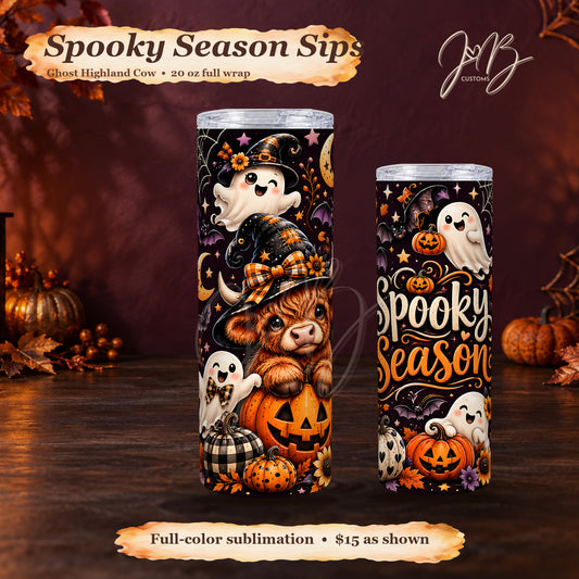 Ghost Highland Cow Spooky Season 20 oz sublimation tumbler, two views