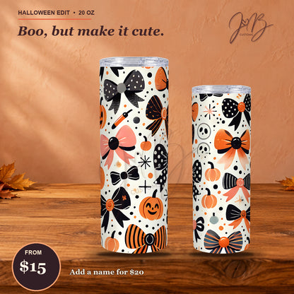 Halloween bows 20 oz tumbler, two views, playful editorial design