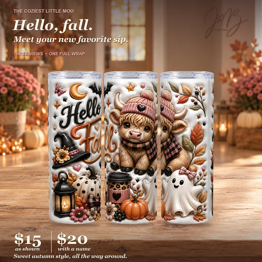Three equal-size views of the Hello Fall Highland cow design on a white 20 oz skinny sublimation tumbler with clear lid and JB Customs watermark