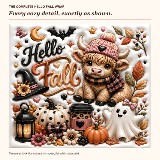 Complete original Hello Fall Highland cow wrap artwork; glossy raised-look details are printed flat