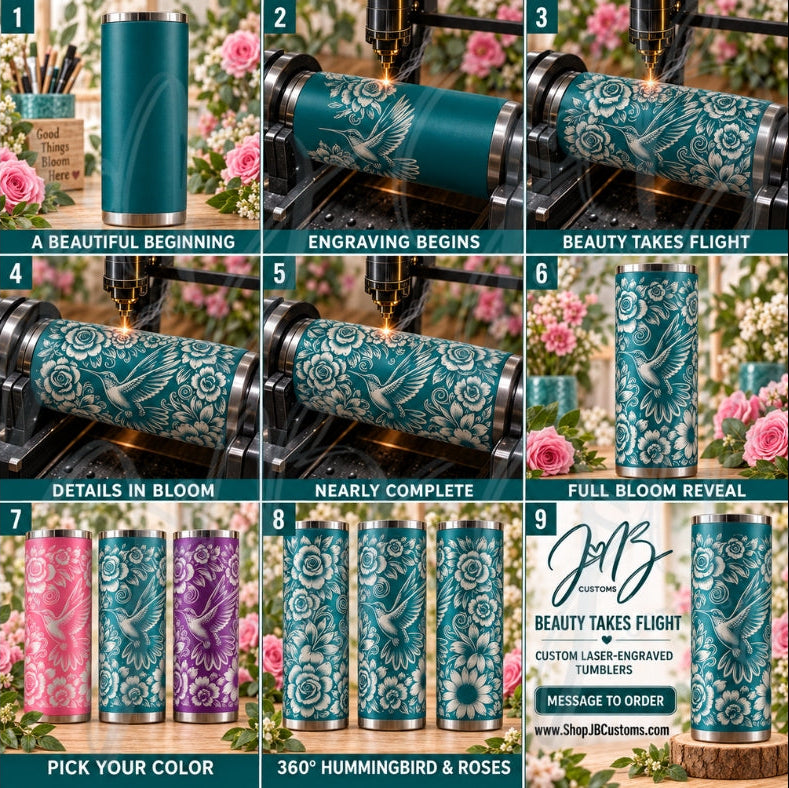 Hummingbird & Roses Full-Wrap Laser-Engraved 20 oz Tumbler