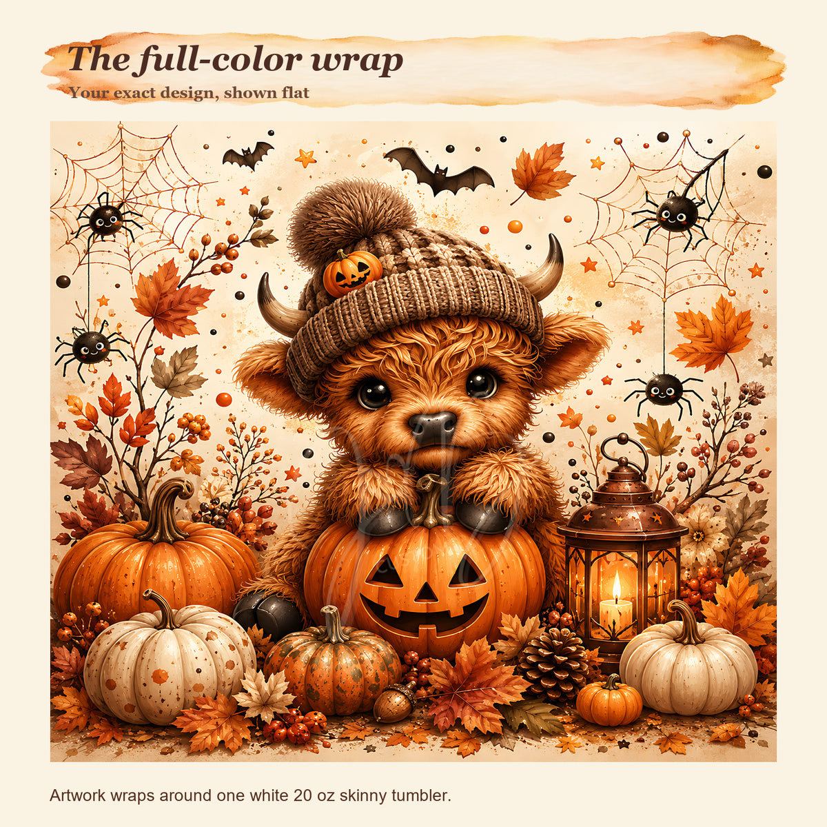 Exact full-color Highland Cow Halloween wrap artwork with JB watermark