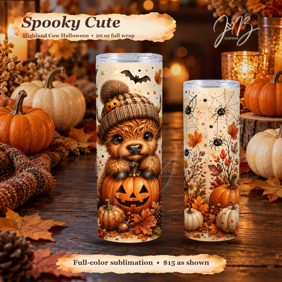 Highland Cow Halloween white 20 oz sublimation tumbler with clear lid, warm branding and JB watermark