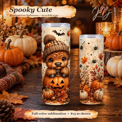 Highland Cow Halloween white 20 oz sublimation tumbler with clear lid, warm branding and JB watermark