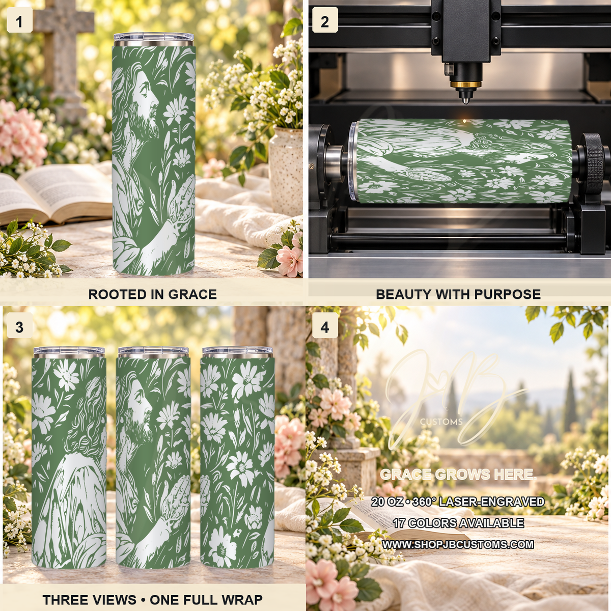 Jesus in Wildflowers full-wrap laser-engraved 20 oz tumbler
