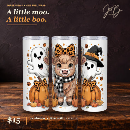 Three equal-size close views of the leopard bow Highland cow and ghosts full-wrap white 20 oz sublimation tumbler