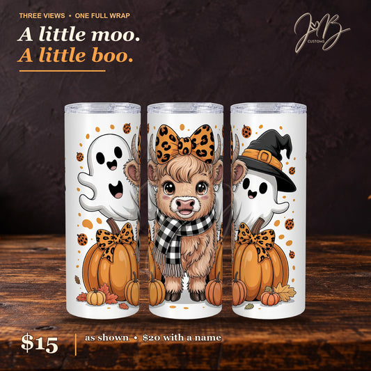 Three equal-size close views of the leopard bow Highland cow and ghosts full-wrap white 20 oz sublimation tumbler