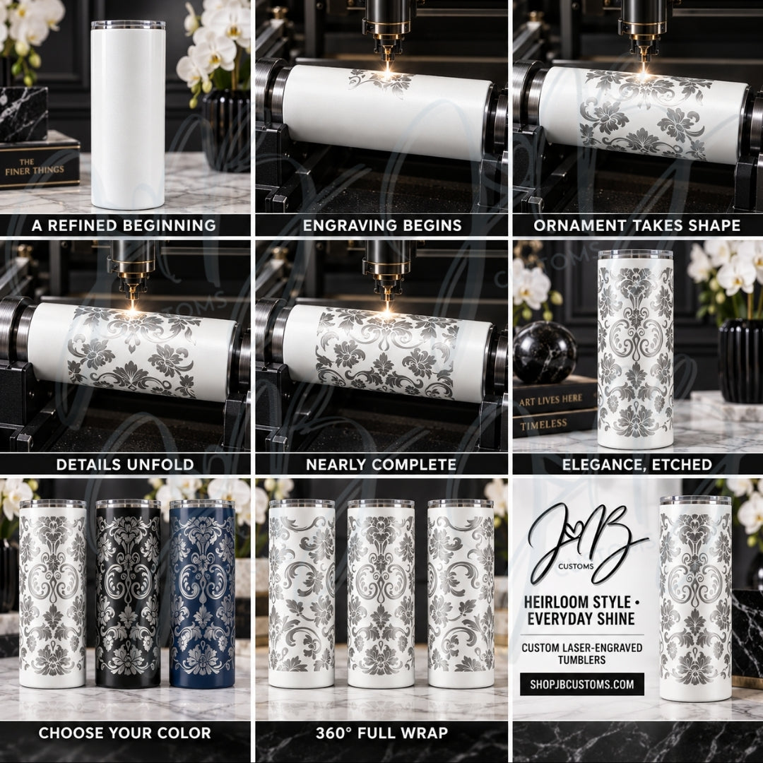 Ornate Porcelain Damask Full-Wrap Laser-Engraved 20 oz Tumbler