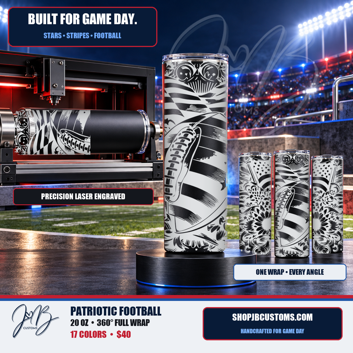 Patriotic Football and Sunflowers full-wrap laser-engraved 20 oz tumbler storyboard