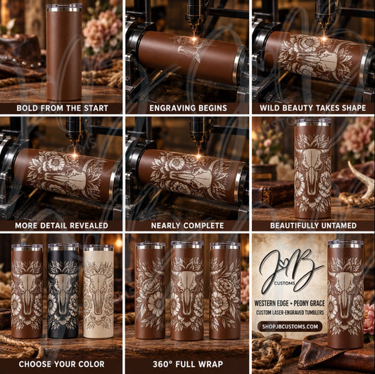 Peony Bull Skull Full-Wrap Laser-Engraved 20 oz Tumbler