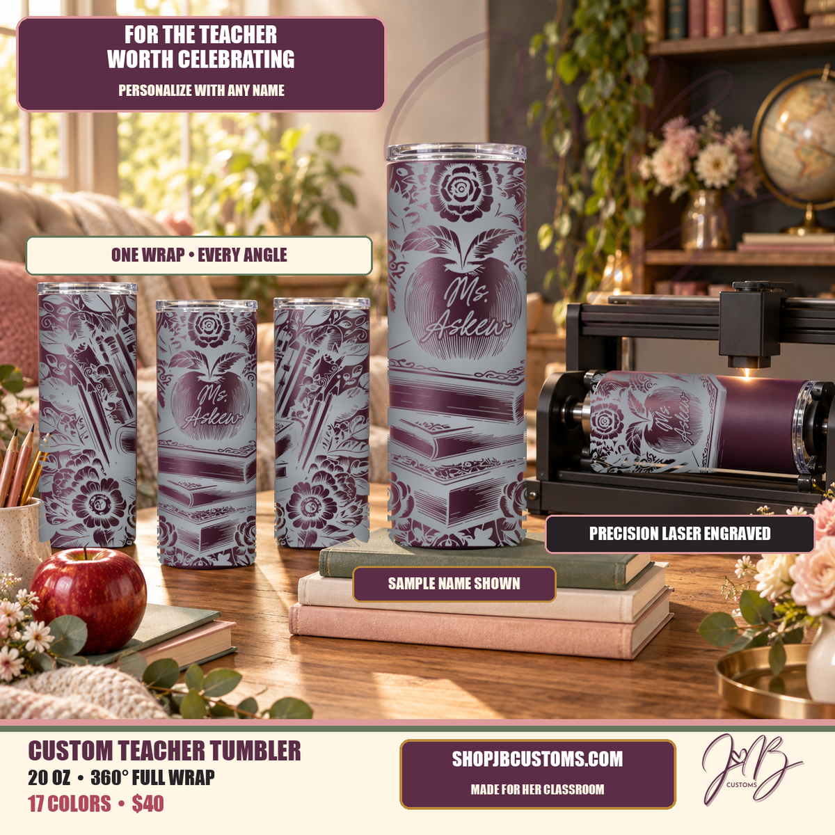Personalized Teacher Books and Florals full-wrap laser-engraved 20 oz tumbler with custom teacher name