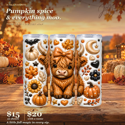 Three equal-size views of the white 20 oz Puffy Highland Cow Fall sublimation tumbler with clear lid, autumn backdrop, and JB Customs watermark