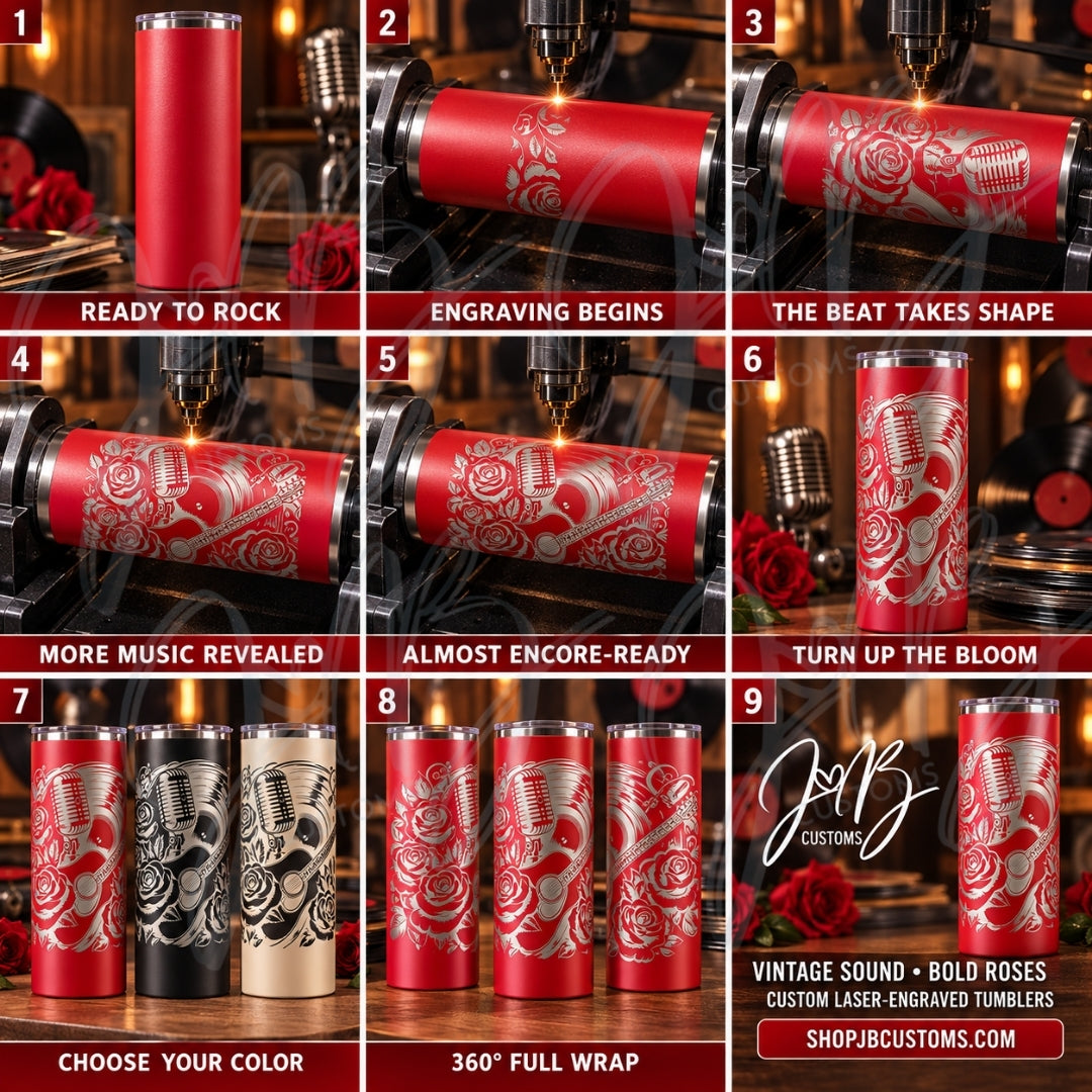 Retro Music & Roses Full-Wrap Laser-Engraved 20 oz Tumbler