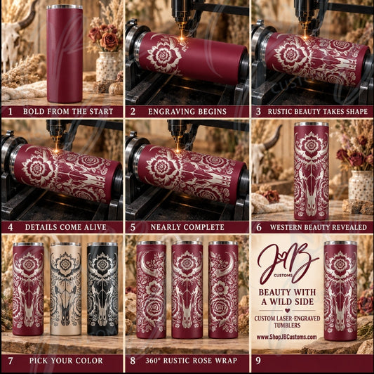 Rustic Rose Bull Skull Full-Wrap Laser-Engraved 20 oz Tumbler