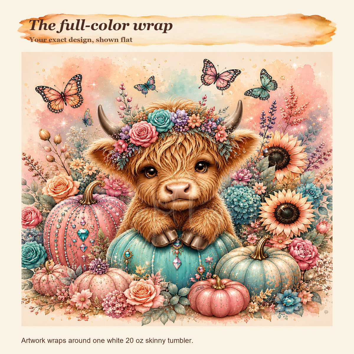Exact full-color floral Highland cow wrap artwork shown flat