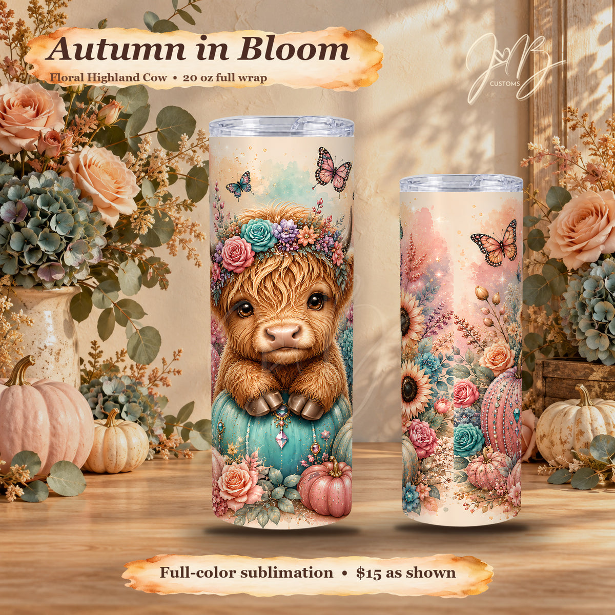 Floral Highland cow fall 20 oz white skinny sublimation tumbler, front and alternate wrap view
