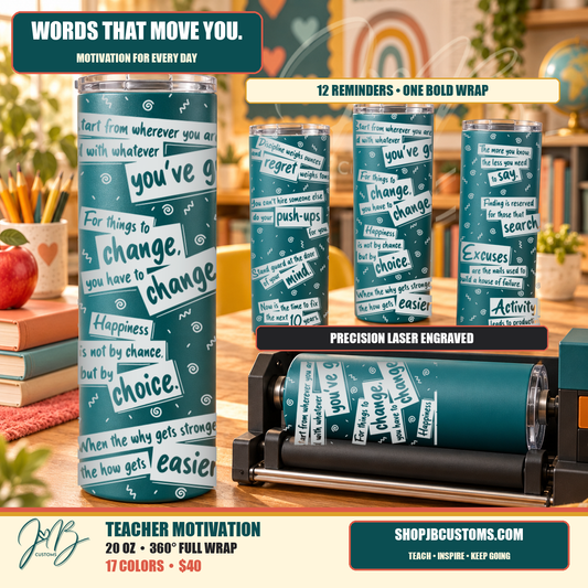 Teacher Motivation full-wrap laser-engraved 20 oz tumbler storyboard