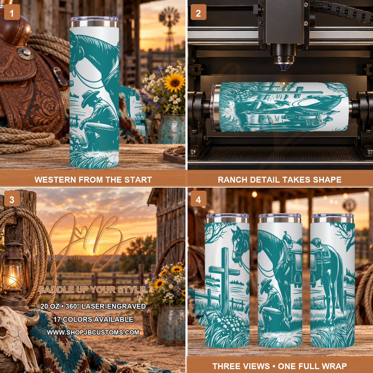 Western Saddle Horse full-wrap laser-engraved 20 oz tumbler