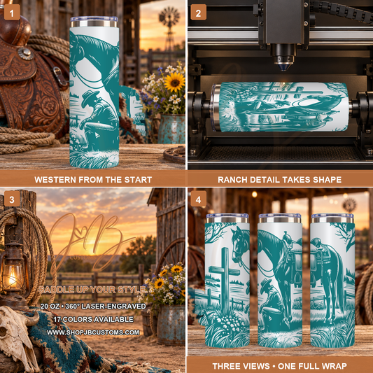 Western Saddle Horse full-wrap laser-engraved 20 oz tumbler